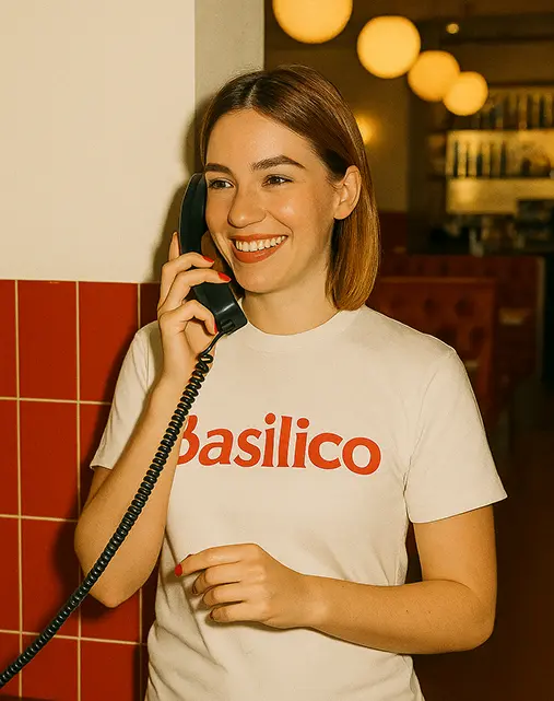Atendiendo el telefono de el basilico mobil