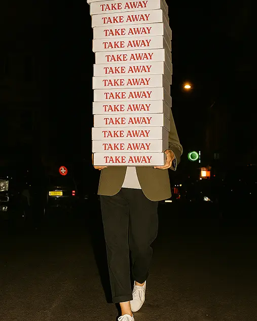 llevando cajas take away de pizza
