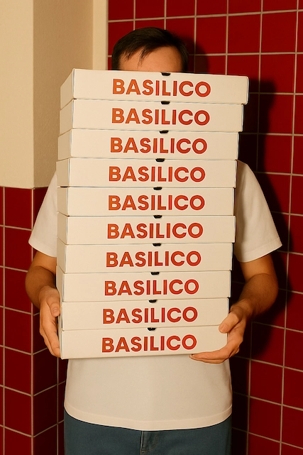 llevando cajas take away de pizza mobil